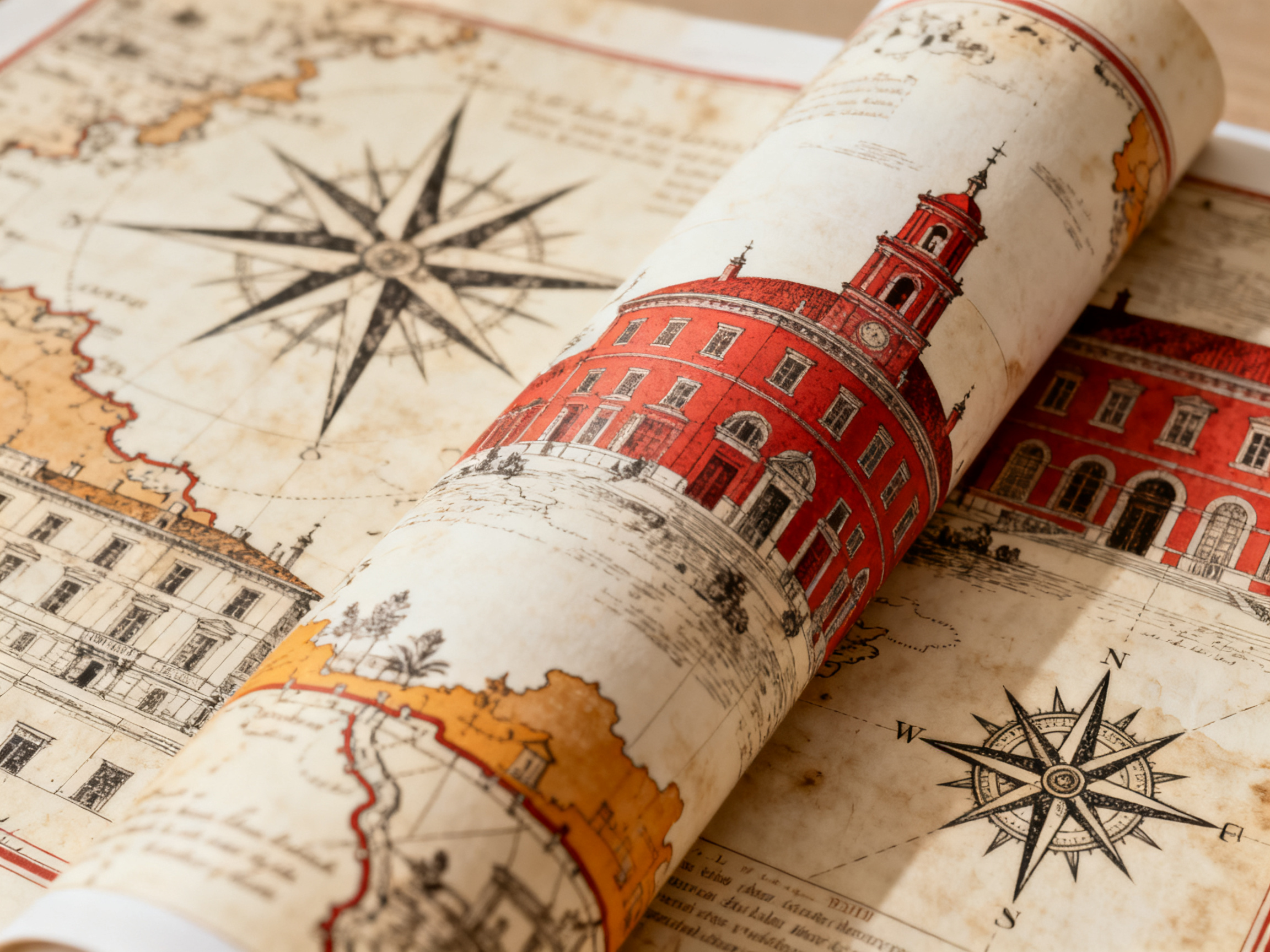 Hall d'accueil de mairie — cartographie historique sépia — détail matière