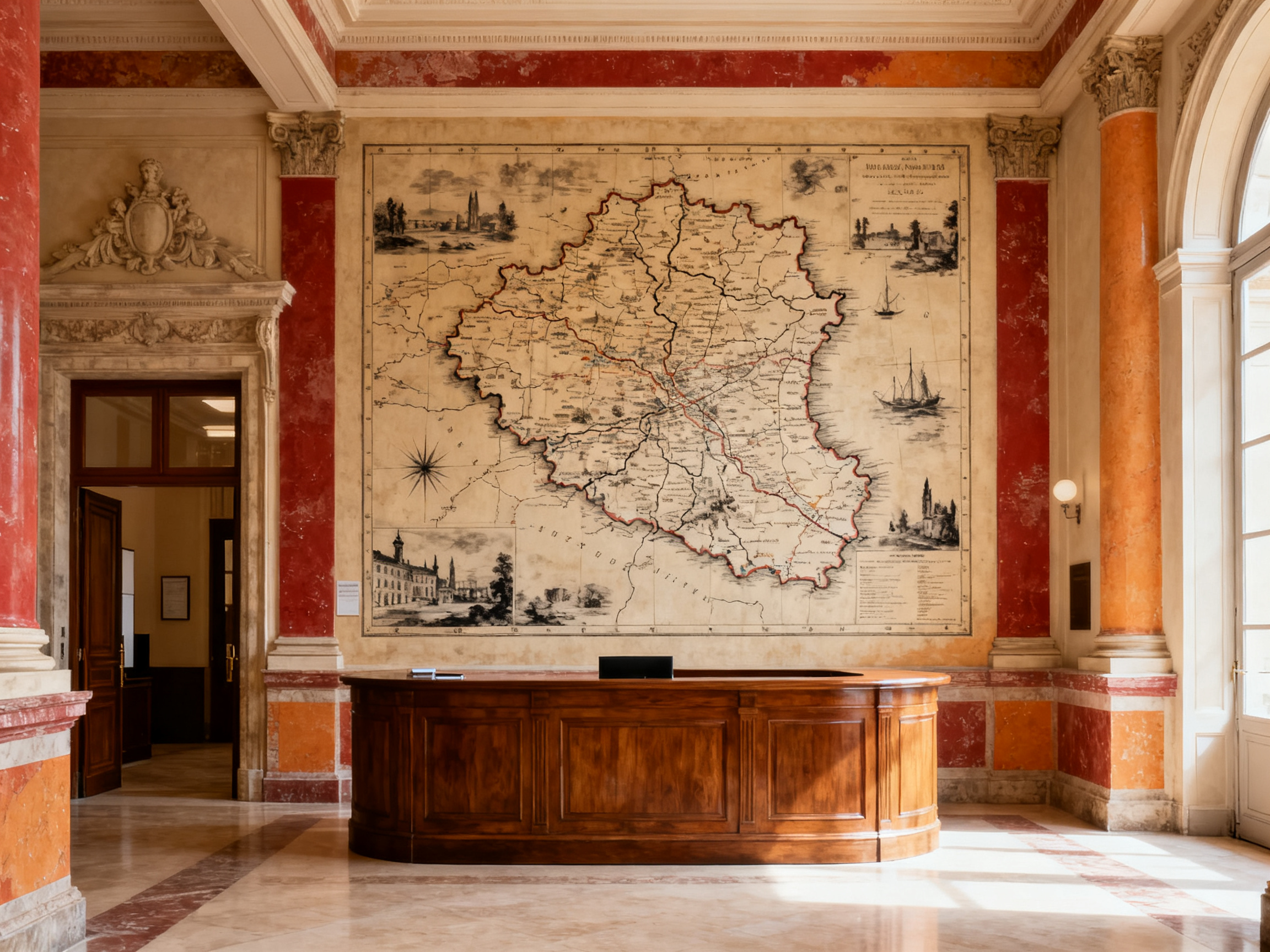 Hall d'accueil de mairie — cartographie historique sépia